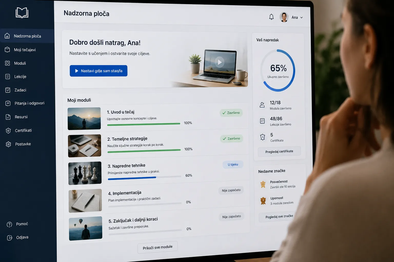 Sučelje online tečaja s popisom modula i prikazom napretka